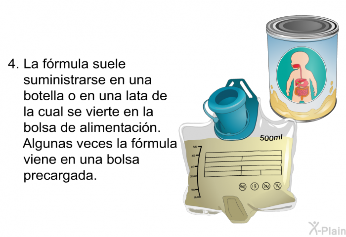 La frmula suele suministrarse en una botella o en una lata de la cual se vierte en la bolsa de alimentacin. Algunas veces la frmula viene en una bolsa precargada.