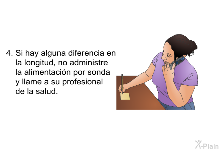 Si hay alguna diferencia en la longitud, no administre la alimentacin por sonda y llame a su profesional de la salud.