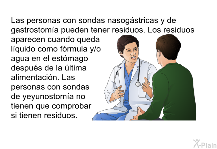 Las personas con sondas nasogstricas y de gastrostoma pueden tener residuos. Los residuos aparecen cuando queda lquido como frmula y/o agua en el estmago despus de la ltima alimentacin. Las personas con sondas de yeyunostoma no tienen que comprobar si tienen residuos.