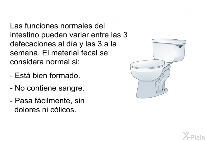 Las funciones normales del intestino pueden variar entre las 3 defecaciones al da y las 3 a la semana. El material fecal se considera normal si:  Est bien formado. No contiene sangre. Pasa fcilmente, sin dolores ni clicos.