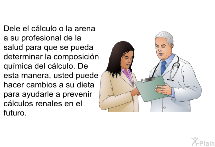 Dele el clculo o la arena a su profesional de la salud para que se pueda determinar la composicin qumica del clculo. De esta manera, usted puede hacer cambios a su dieta para ayudarle a prevenir clculos renales en el futuro.