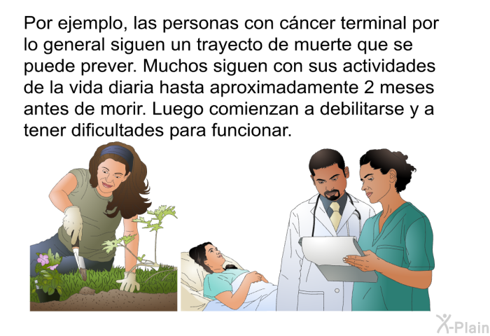 Por ejemplo, las personas con cncer terminal por lo general siguen un trayecto de muerte que se puede prever. Muchos siguen con sus actividades de la vida diaria hasta aproximadamente 2 meses antes de morir. Luego comienzan a debilitarse y a tener dificultades para funcionar.