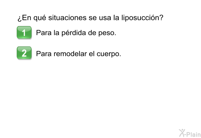 ¿En qu situaciones se usa la liposuccin?  Para la prdida de peso. Para remodelar el cuerpo.