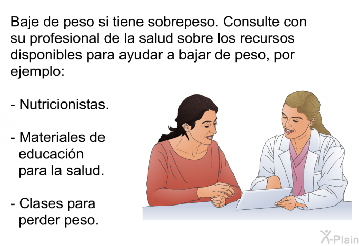 Baje de peso si tiene sobrepeso. Consulte con su profesional de la salud sobre los recursos disponibles para ayudar a bajar de peso, por ejemplo:  Nutricionistas. Materiales de educacin para la salud. Clases para perder peso.