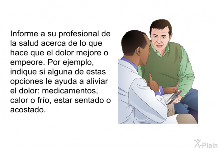 Informe a su profesional de la salud acerca de lo que hace que el dolor mejore o empeore. Por ejemplo, indique si alguna de estas opciones le ayuda a aliviar el dolor: medicamentos, calor o fro, estar sentado o acostado.