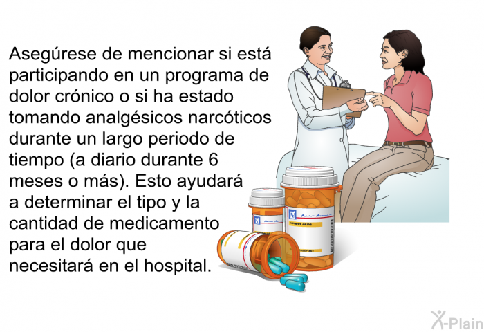 Asegrese de mencionar si est participando en un programa de dolor crnico o si ha estado tomando analgsicos narcticos durante un largo periodo de tiempo (a diario durante 6 meses o ms). Esto ayudar a determinar el tipo y la cantidad de medicamento para el dolor que necesitar en el hospital.