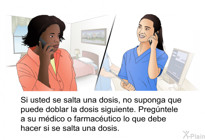 Si usted se salta una dosis, no suponga que puede doblar la dosis siguiente. Pregntele a su mdico o farmacutico lo que debe hacer si se salta una dosis.