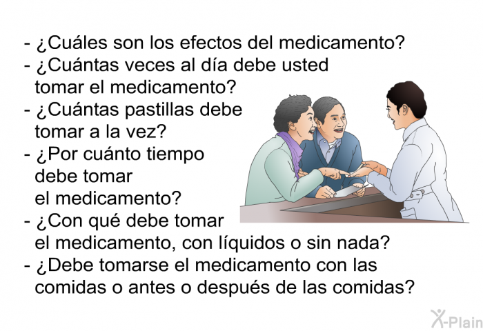 ¿Cules son los efectos del medicamento? ¿Cuntas veces al da debe usted tomar el medicamento? ¿Cuntas pastillas debe tomar a la vez? ¿Por cunto tiempo debe tomar el medicamento? ¿Con qu debe tomar el medicamento, con lquidos o sin nada? ¿Debe tomarse el medicamento con las comidas o antes o despus de las comidas?