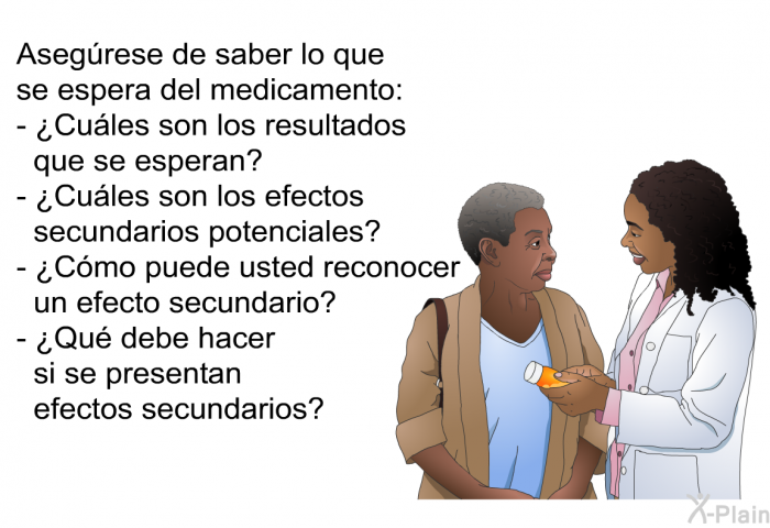 Asegrese de saber lo que se espera del medicamento:  ¿Cules son los resultados que se esperan? ¿Cules son los efectos secundarios potenciales? ¿Cmo puede usted reconocer un efecto secundario? ¿Qu debe hacer si se presentan efectos secundarios?