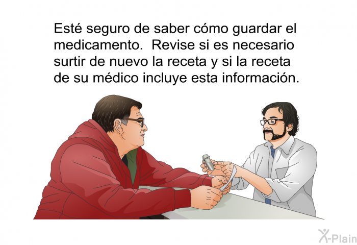 Est seguro de saber cmo guardar el medicamento. Revise si es necesario surtir de nuevo la receta y si la receta de su mdico incluye esta informacin.