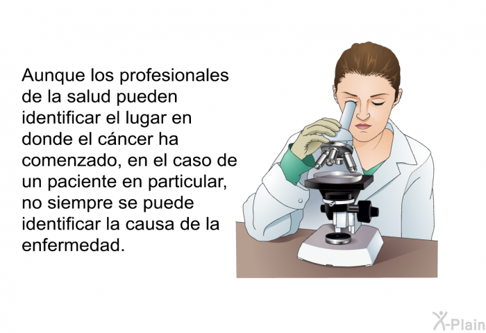 Aunque los profesionales de la salud pueden identificar el lugar en donde el cncer ha comenzado, en el caso de un paciente en particular, no siempre se puede identificar la causa de la enfermedad.