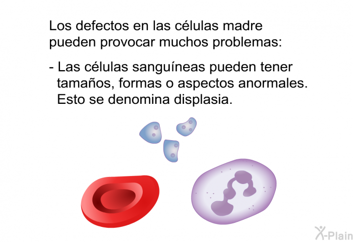 Los defectos en las clulas madre pueden provocar muchos problemas:  Las clulas sanguneas pueden tener tamaos, formas o aspectos anormales. Esto se denomina displasia.