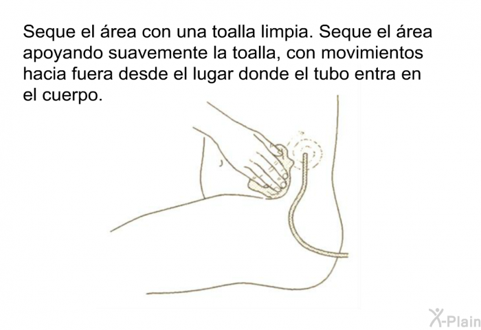 Seque el rea con una toalla limpia. Seque el rea apoyando suavemente la toalla, con movimientos hacia fuera desde el lugar donde el tubo entra en el cuerpo.