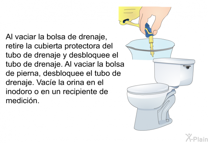 Al vaciar la bolsa de drenaje, retire la cubierta protectora del tubo de drenaje y desbloquee el tubo de drenaje. Al vaciar la bolsa de pierna, desbloquee el tubo de drenaje. Vace la orina en el inodoro o en un recipiente de medicin.