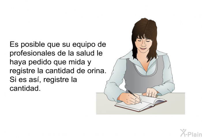 Es posible que su equipo de profesionales de la salud le haya pedido que mida y registre la cantidad de orina. Si es as, registre la cantidad.