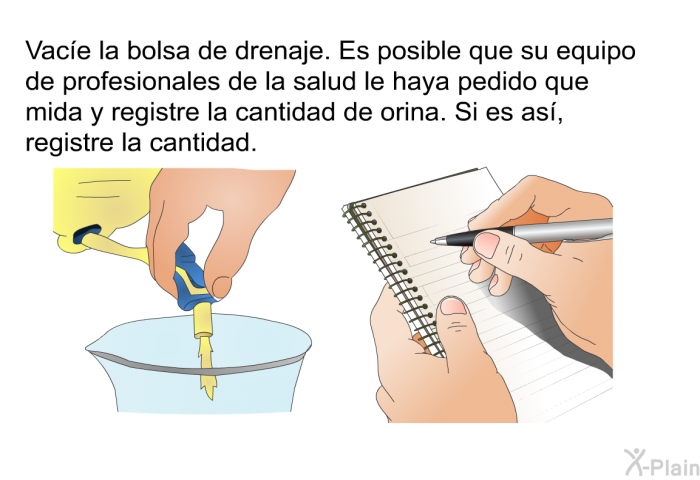 Vace la bolsa de drenaje. Es posible que su equipo de profesionales de la salud le haya pedido que mida y registre la cantidad de orina. Si es as, registre la cantidad.