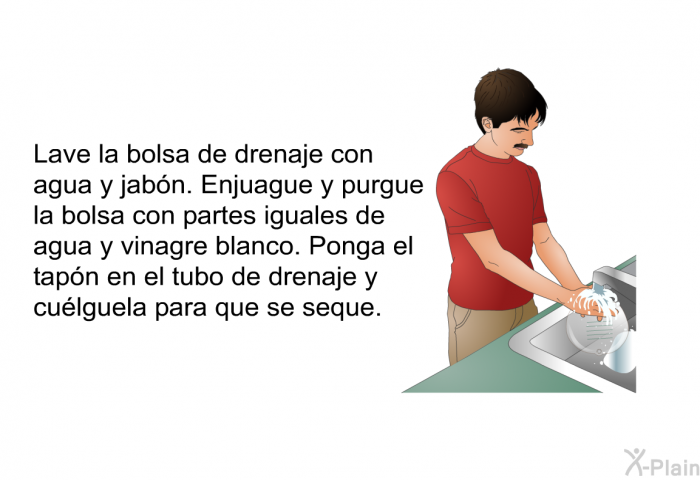 Lave la bolsa de drenaje con agua y jabn. Enjuague y purgue la bolsa con partes iguales de agua y vinagre blanco. Ponga el tapn en el tubo de drenaje y culguela para que se seque.