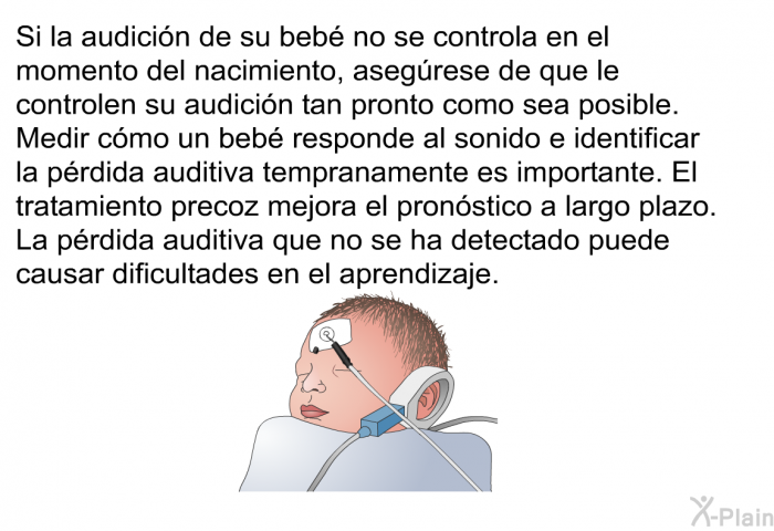 Si la audicin de su beb no se controla en el momento del nacimiento, asegrese de que le controlen su audicin tan pronto como sea posible. Medir cmo un beb responde al sonido e identificar la prdida auditiva tempranamente es importante. El tratamiento precoz mejora el pronstico a largo plazo. La prdida auditiva que no se ha detectado puede causar dificultades en el aprendizaje.