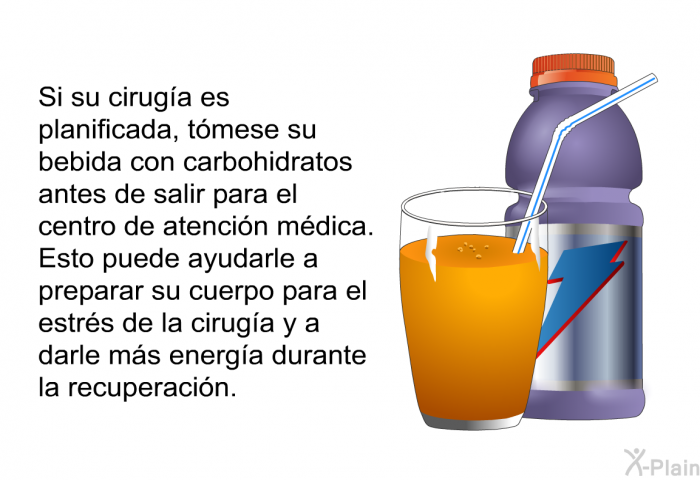 Si su ciruga es planificada, tmese su bebida con carbohidratos antes de salir para el centro de atencin mdica. Esto puede ayudarle a preparar su cuerpo para el estrs de la ciruga y a darle ms energa durante la recuperacin.