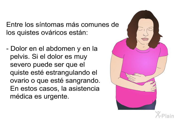 Entre los sntomas ms comunes de los quistes ovricos estn:  Dolor en el abdomen y en la pelvis. Si el dolor es muy severo puede ser que el quiste est estrangulando el ovario o que est sangrando. En estos casos, la asistencia mdica es urgente. 