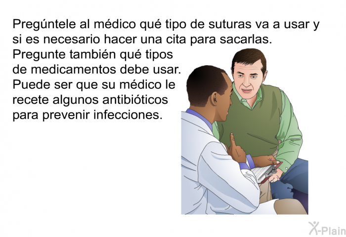 Pregntele al mdico qu tipo de suturas va a usar y si es necesario hacer una cita para sacarlas. Pregunte tambin qu tipos de medicamentos debe usar. Puede ser que su mdico le recete algunos antibiticos para prevenir infecciones.