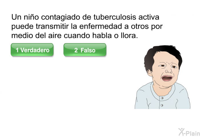 Un nio contagiado de tuberculosis activa puede transmitir la enfermedad a otros por medio del aire cuando habla o llora. Presione Verdadero o Falso.