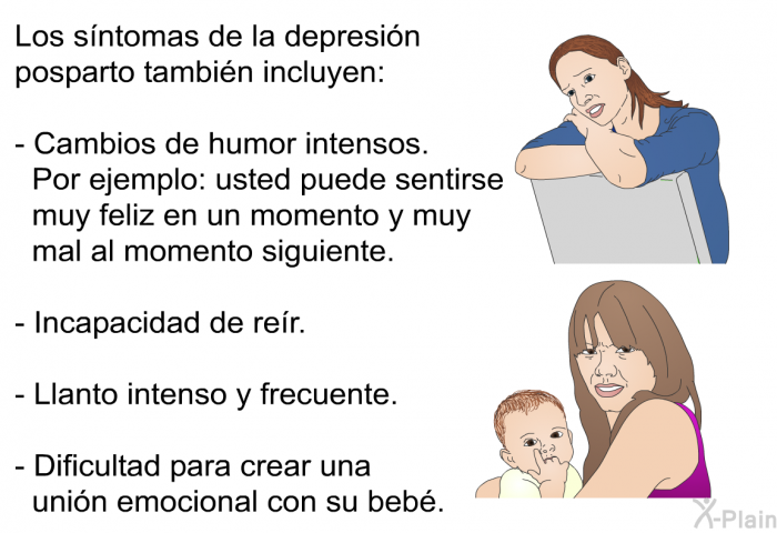 Los sntomas de la depresin posparto tambin incluyen:  Cambios de humor intensos. Por ejemplo: usted puede sentirse muy feliz en un momento y muy mal al momento siguiente. Incapacidad de rer. Llanto intenso y frecuente. Dificultad para crear una unin emocional con su beb.