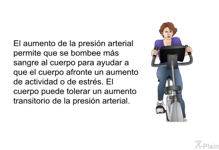 El aumento de la presin arterial permite que se bombee ms sangre al cuerpo para ayudar a que el cuerpo afronte un aumento de actividad o de estrs. El cuerpo puede tolerar un aumento transitorio de la presin arterial.