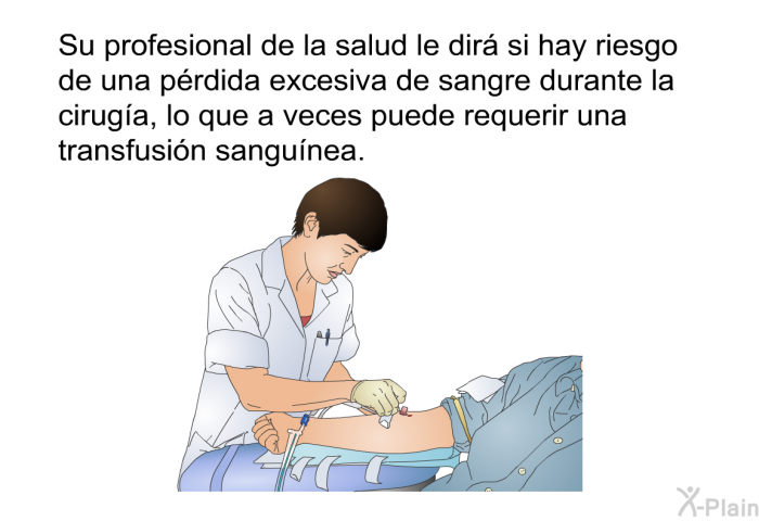 Su profesional de la salud le dir si hay riesgo de una prdida excesiva de sangre durante la ciruga, lo que a veces puede requerir una transfusin sangunea.