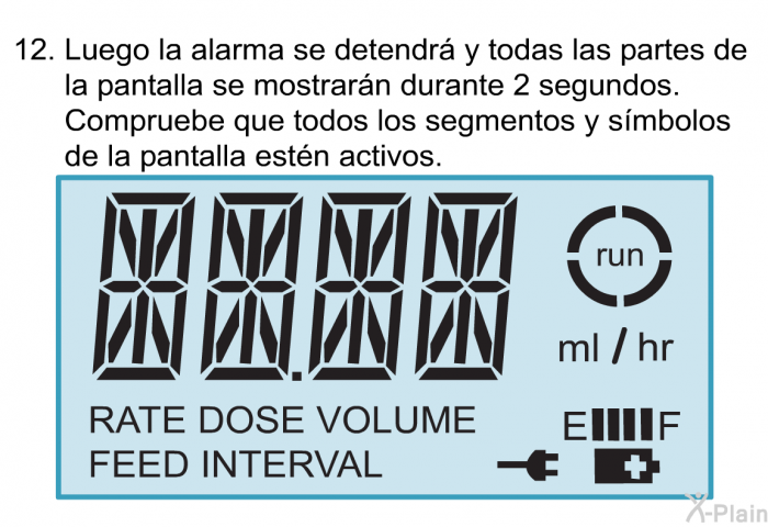 <OL START=12>  Luego la alarma se detendr y todas las partes de la pantalla se mostrarn durante 2 segundos. Compruebe que todos los segmentos y smbolos de la pantalla estn activos.