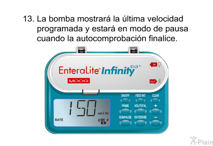 <OL START=13> La bomba mostrar la ltima velocidad programada y estar en modo de pausa cuando la autocomprobacin finalice.