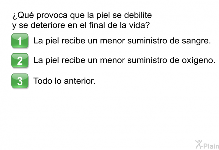 ¿Qu provoca que la piel se debilite y se deteriore en el final de la vida?  La piel recibe un menor suministro de sangre. La piel recibe un menor suministro de oxgeno. Todo lo anterior.