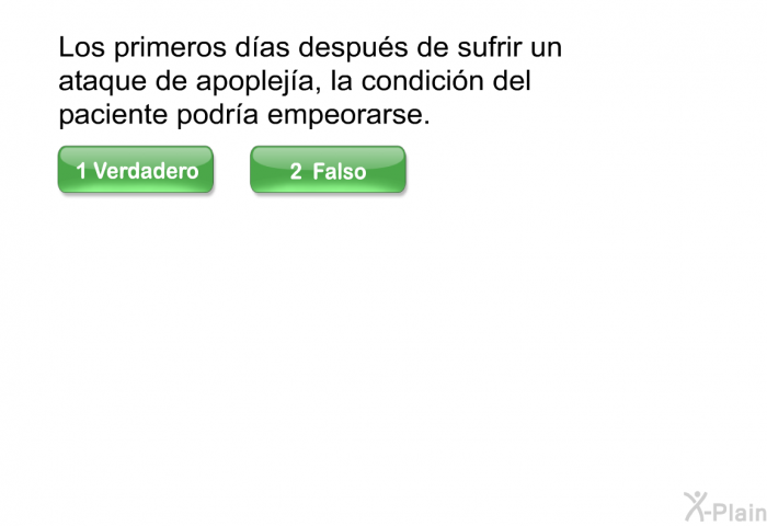 Los primeros das despus de sufrir un ataque de apopleja, la condicin del paciente podra empeorarse.