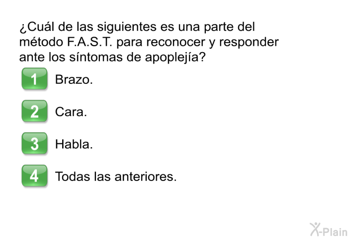 ¿Cul de las siguientes es una parte del mtodo F.A.S.T. para reconocer y responder ante los sntomas de apopleja?  Brazo. Cara. Habla. Todas las anteriores.