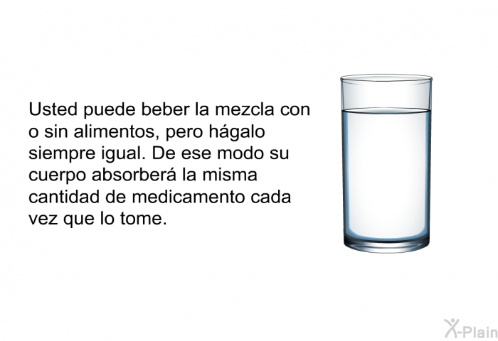 Usted puede beber la mezcla con o sin alimentos, pero hgalo siempre igual. De ese modo su cuerpo absorber la misma cantidad de medicamento cada vez que lo tome.