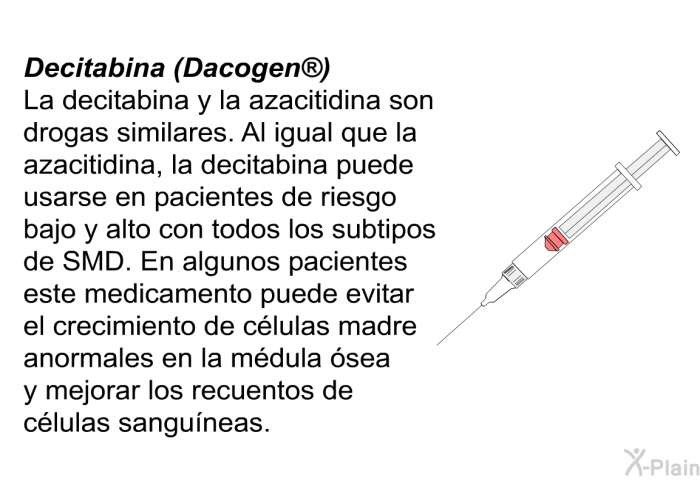 Decitabina (Dacogen ) La decitabina y la azacitidina son drogas similares. Al igual que la azacitidina, la decitabina puede usarse en pacientes de riesgo bajo y alto con todos los subtipos de SMD. En algunos pacientes este medicamento puede evitar el crecimiento de clulas madre anormales en la mdula sea y mejorar los recuentos de clulas sanguneas.