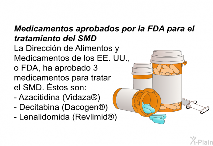 Medicamentos aprobados por la FDA para el tratamiento del SMD La Direccin de Alimentos y Medicamentos de los EE. UU., o FDA, ha aprobado 3 medicamentos para tratar el SMD. Éstos son:  Azacitidina (Vidaza ) Decitabina (Dacogen ) Lenalidomida (Revlimid )