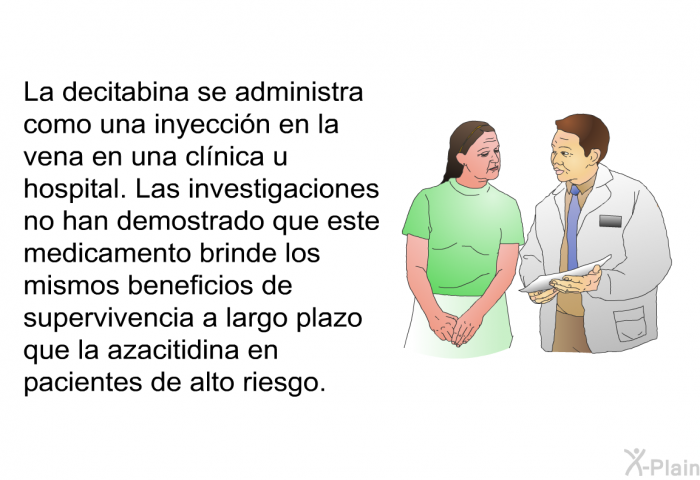 La decitabina se administra como una inyeccin en la vena en una clnica u hospital. Las investigaciones no han demostrado que este medicamento brinde los mismos beneficios de supervivencia a largo plazo que la azacitidina en pacientes de alto riesgo.