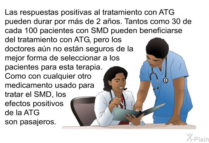 Las respuestas positivas al tratamiento con ATG pueden durar por ms de 2 aos. Tantos como 30 de cada 100 pacientes con SMD pueden beneficiarse del tratamiento con ATG, pero los doctores an no estn seguros de la mejor forma de seleccionar a los pacientes para esta terapia. Como con cualquier otro medicamento usado para tratar el SMD, los efectos positivos de la ATG son pasajeros.