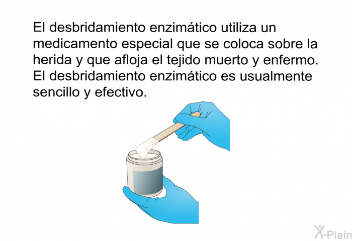 El desbridamiento enzimtico utiliza un medicamento especial que se coloca sobre la herida y que afloja el tejido muerto y enfermo. El desbridamiento enzimtico es usualmente sencillo y efectivo.