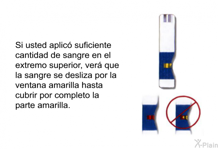 Si usted aplic suficiente cantidad de sangre en el extremo superior, ver que la sangre se desliza por la ventana amarilla hasta cubrir por completo la parte amarilla.