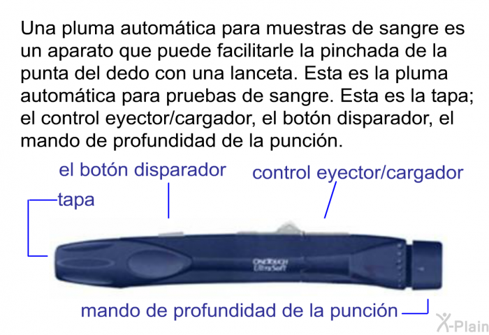 Una pluma automtica para muestras de sangre es un aparato que puede facilitarle la pinchada de la punta del dedo con una lanceta. Esta es la pluma automtica para pruebas de sangre. Esta es la tapa; el control eyector/cargador, el botn disparador, el mando de profundidad de la puncin.