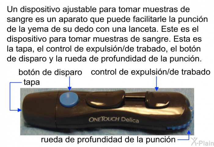 Un dispositivo ajustable para tomar muestras de sangre es un aparato que puede facilitarle la puncin de la yema de su dedo con una lanceta. Este es el dispositivo para tomar muestras de sangre. Esta es la tapa, el control de expulsin/de trabado, el botn de disparo y la rueda de profundidad de la puncin.