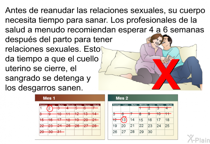 Antes de reanudar las relaciones sexuales, su cuerpo necesita tiempo para sanar. Los profesionales de la salud a menudo recomiendan esperar 4 a 6 semanas despus del parto para tener relaciones sexuales. Esto da tiempo a que el cuello uterino se cierre, el sangrado se detenga y los desgarros sanen.