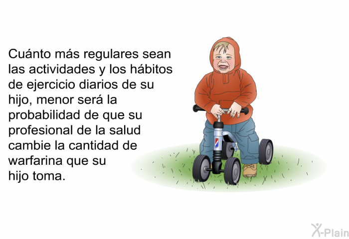 Cunto ms regulares sean las actividades y los hbitos de ejercicio diarios de su hijo, menor ser la probabilidad de que su profesional de la salud cambie la cantidad de warfarina que su hijo toma.