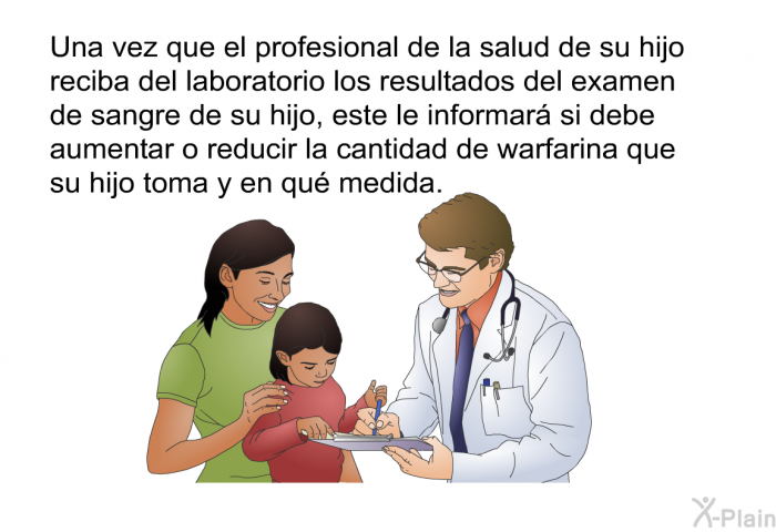 Una vez que el profesional de la salud de su hijo reciba del laboratorio los resultados del examen de sangre de su hijo, este le informar si debe aumentar o reducir la cantidad de warfarina que su hijo toma y en qu medida.