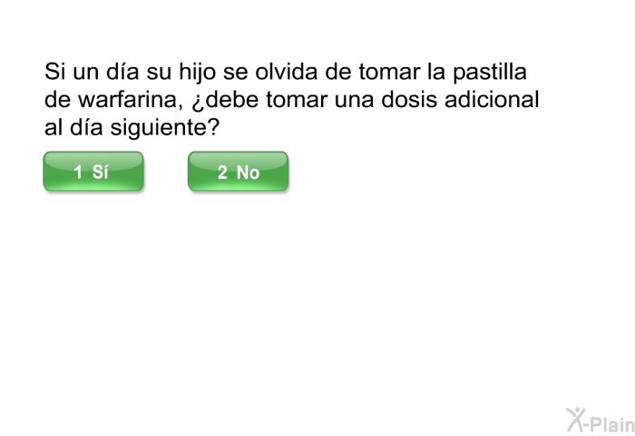 Si un da su hijo se olvida de tomar la pastilla de warfarina, ¿debe tomar una dosis adicional al da siguiente?