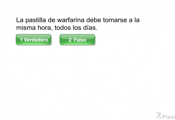 La pastilla de warfarina debe tomarse a la misma hora, todos los das.