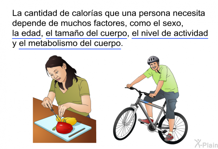 La cantidad de caloras que una persona necesita depende de muchos factores, como el sexo, la edad, el tamao del cuerpo, el nivel de actividad y el metabolismo del cuerpo.